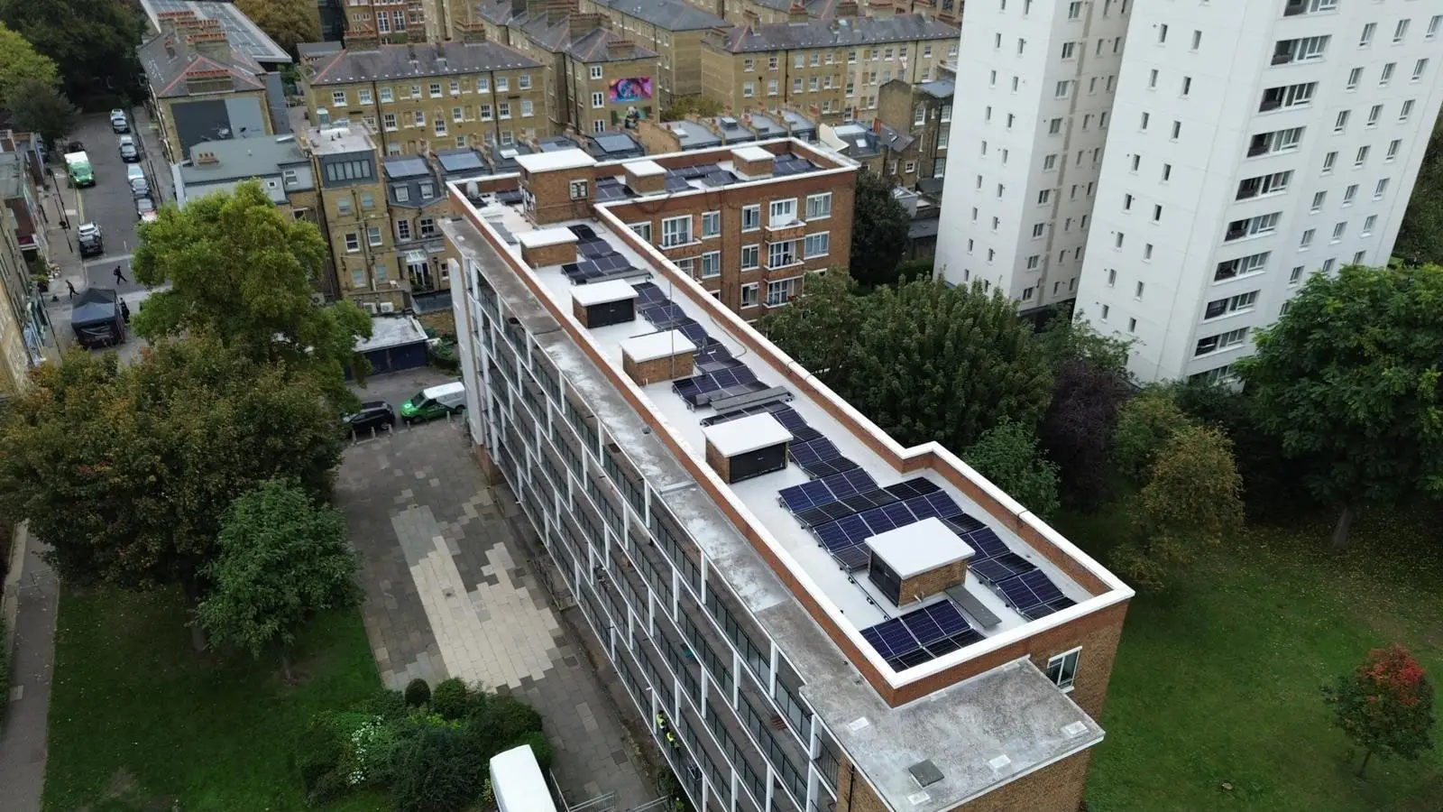 Aerial view of flat roofs with solar panels in London