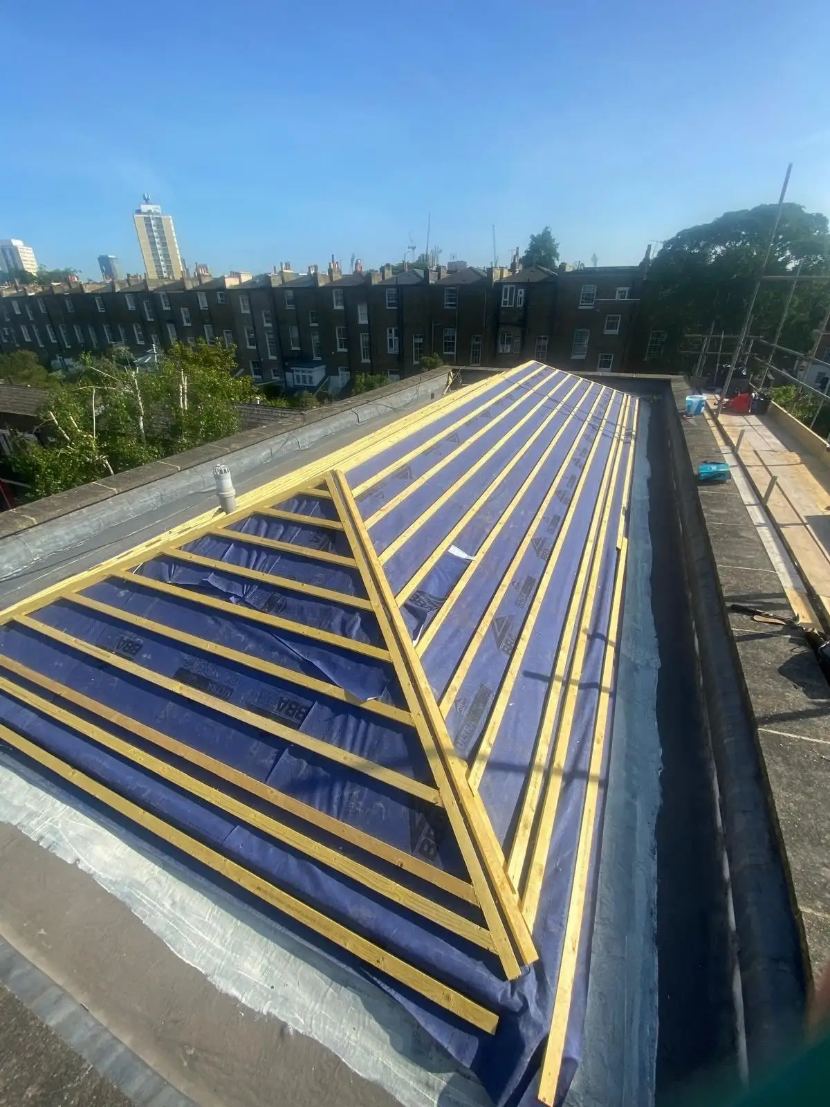 New membrane and battens set out during a re-roof in Lambeth