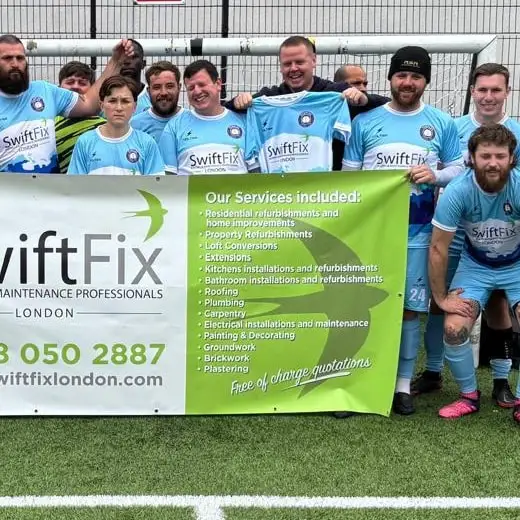 Peoples FC players in shirts carrying the Swift Fix London logo